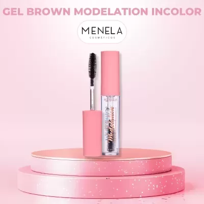 Gel para sobrancelhas MENELA Cosmetics em embalagem rosa e transparente com aplicador escova