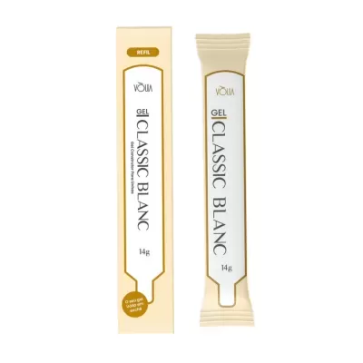 Embalagem e sachê do gel Classic Blanc Vòlia 14g em fundo branco