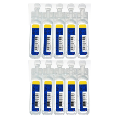 Conjunto de dez ampolas plásticas transparentes com rótulos azuis e amarelos e código de barras.