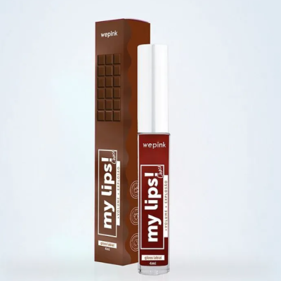 Gloss labial my lips! da marca wepink em embalagem transparente com tampa branca e caixa castanha com padrão de chocolate.