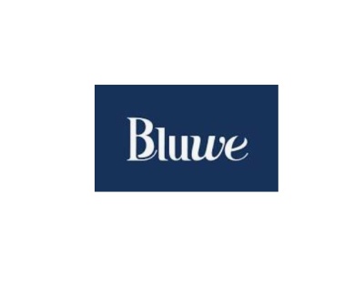 Logotipo com texto 'Bluwe' em branco sobre fundo azul escuro