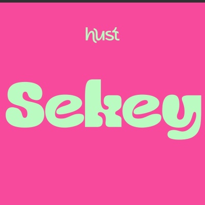 Texto estilizado hust e Sekey em verde claro sobre fundo rosa