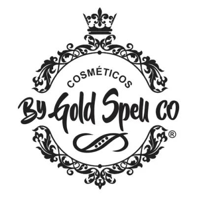 Logotipo preto e branco com texto COSMÉTICOS By Gold Spell co e ornamentos florais