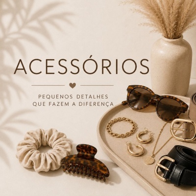 Acessórios fashion neutros e dourados dispostos com vaso decorativo e texto em fundo bege