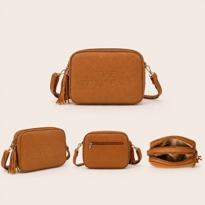 Mala tote bag castanha sintética com tassel e fecho de correr