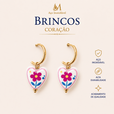 Brincos em aço inoxidável dourado com pendente coração branco decorado com flor