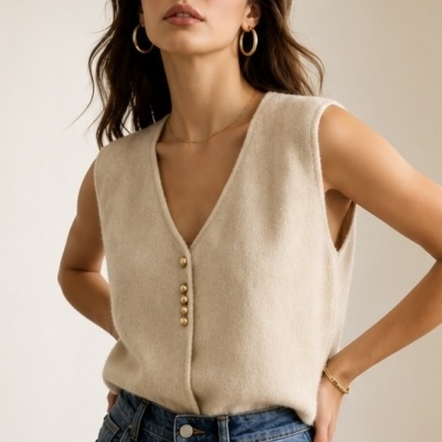 Camisola de malha bege com botões dourados e jeans azuis