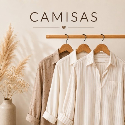 Três camisas femininas em tons neutros penduradas em cabides de madeira sob texto CAMISAS.