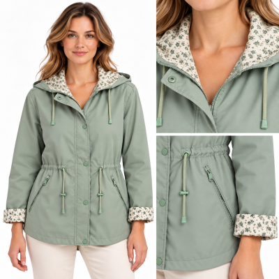 Casaco verde-água com capuz floral e bolsos com fecho