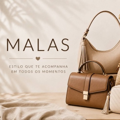 Bolsas de mão em tons neutros sobre superfície de madeira com texto promocional na parede