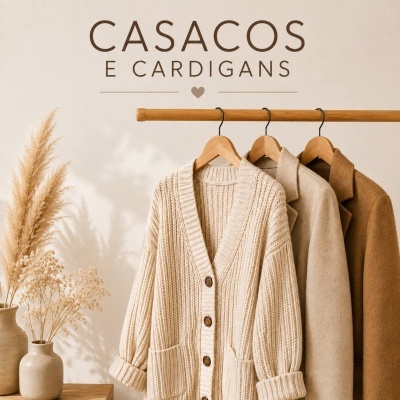 Casacos e cardigans pendurados em cabides de madeira com texto na parede de fundo e vasos com plantas secas ao lado.