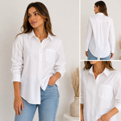 Camisa branca de mulher com bolso, botões e gola clássica.