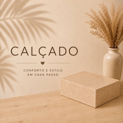 Caixa de calçado bege com vaso cerâmico e texto CALÇADO CONFORTO E ESTILO EM CADA PASSO