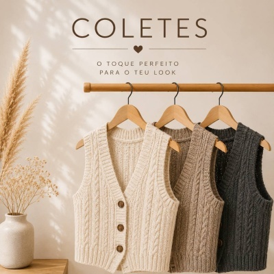 Três coletes de malha pendurados com vaso cerâmico e texto na parede