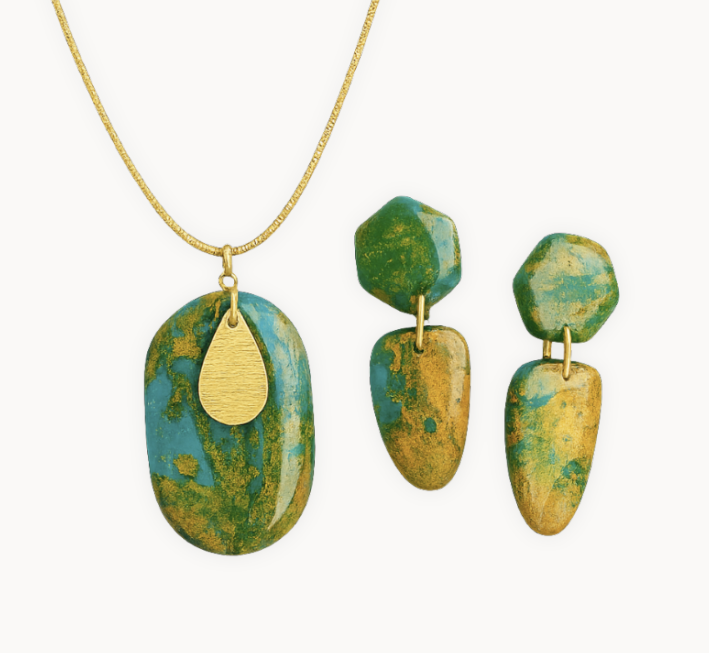 Ilha Dourada Conjunto de colar com pendente verde e dourado e brincos a condizer