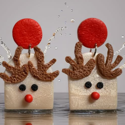 Suportes decorativos com rosto e galhadas em tons de branco, vermelho e castanho