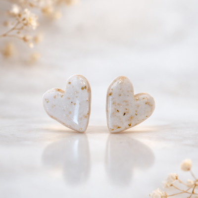 Brincos de coração em resina branca com dourados sobre superfície branca com flores secas