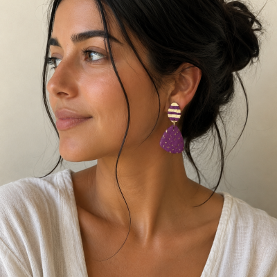 Brincos pendentes em roxo e branco usados por mulher com blusa branca e cabelo preso.