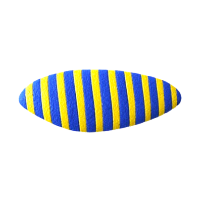 Botão oval riscas amarelas e azuis em fundo branco