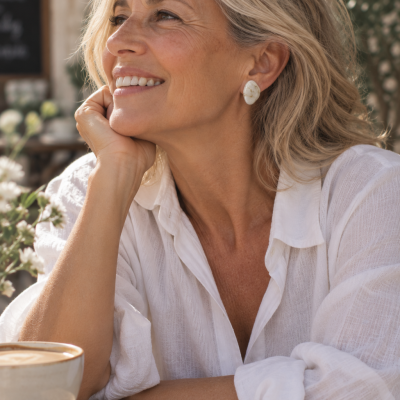 Mulher sorridente a usar brincos brancos e camisa branca, sentada ao ar livre numa mesa de madeira com café.