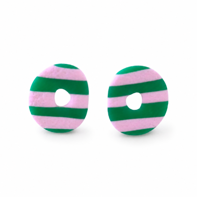Brincos redondos rosa e verde com riscas