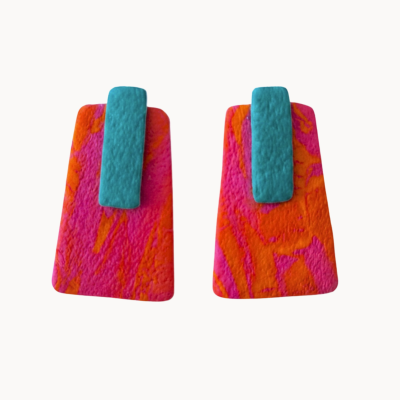 Brincos retangulares rosa, laranja e azul turquesa texturados
