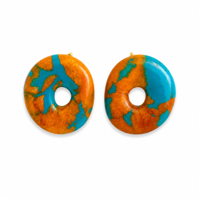 Brincos redondos laranja e azul com furo central