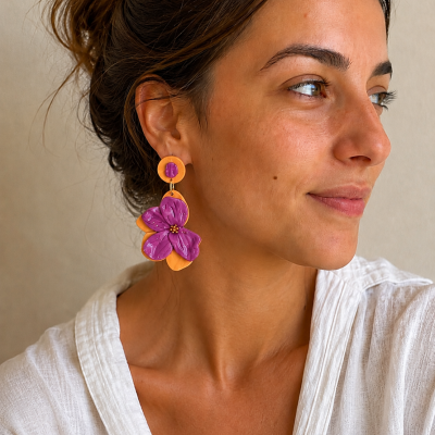Brincos florais laranja e roxo usados por mulher com blusa branca