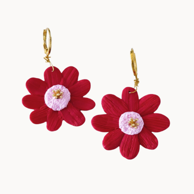 Brincos flor vermelha com argola dourada