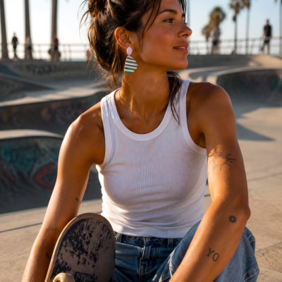 Mulher sentada com skate em skatepark ao ar livre com regata branca e brincos coloridos