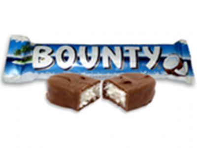 Barra de chocolate BOUNTY com recheio de coco partida ao meio