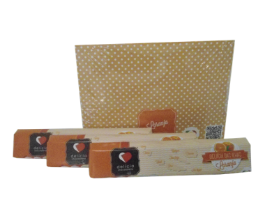 Três barras de chocolate Delícia Chocolataria sabor laranja em frente a uma caixa com padrão de bolinhas brancas