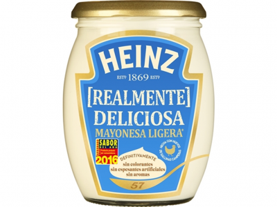 Frasco de maionese Heinz com rótulo azul, branco e amarelo e tampa dourada