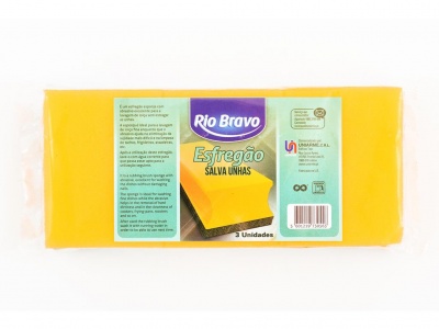 Embalagem com três esponjas amarelas Rio Bravo Esfregão Salva Unhas
