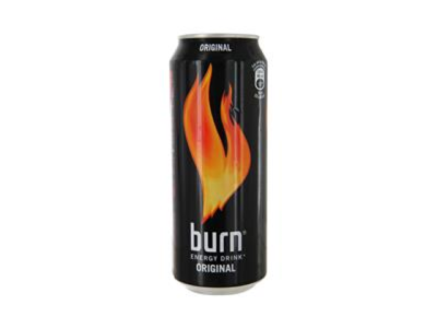 Lata preta de bebida energética Burn Original com chama laranja