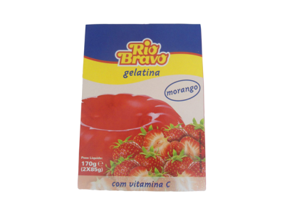 Embalagem de gelatina vermelha sabor morango Rio Bravo
