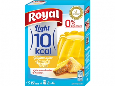 Embalagem de gelatina Royal Light 10 kcal sabor ananás em azul com imagem de gelatina e pedaços de ananás