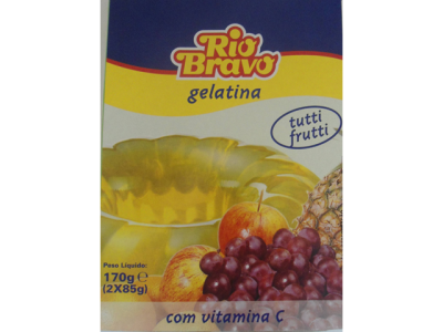 Embalagem de gelatina Rio Bravo tutti frutti com frutas e texto
