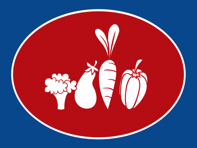 Ilustração de brócolos, beringela, cenoura e pimento em fundo vermelho oval com borda branca, fundo azul