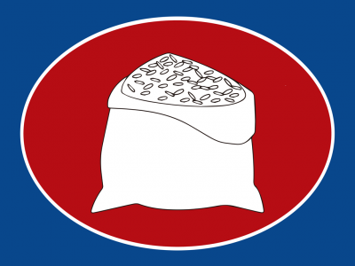 Saco branco cheio de sementes sobre fundo vermelho e azul