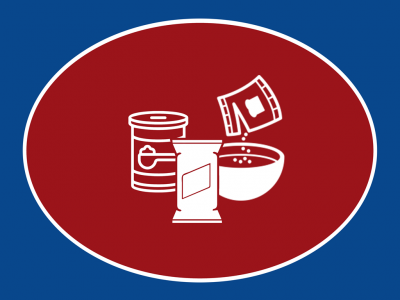 Ícones de lata, pacote, pequeno saco e tigela em fundo oval vermelho com fundo azul