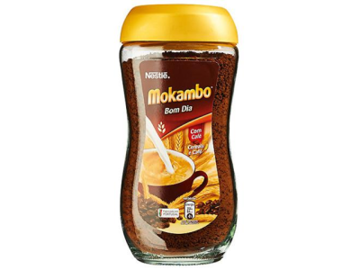 Frasco de vidro com café solúvel Mokambo Bom Dia da Nestlé e tampa amarela