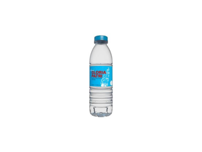 Garrafa de água mineral GLORIA PATRI em plástico transparente com rótulo azul e vermelho
