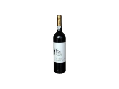 Garrafa de vinho tinto com rótulo branco e tampa dourada