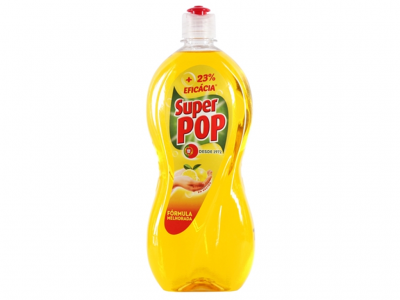 Frasco amarelo de detergente Super Pop com rótulo e tampa vermelha.