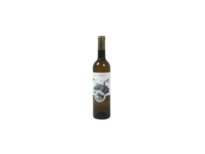 Garrafa de vinho branca com rótulo branco e tampa dourada