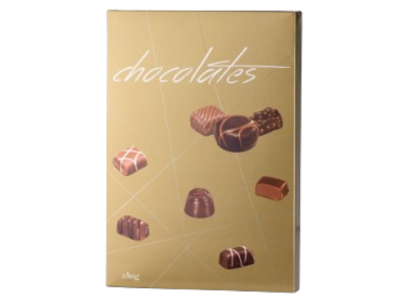 Embalagem bege de chocolates com bombons ilustrados e texto chocolates