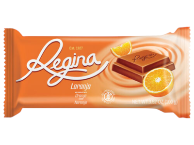 Barra de chocolate Regina sabor laranja em embalagem laranja com imagens de chocolate e laranja