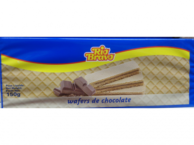 Embalagem wafers de chocolate Rio Bravo 150g azul e amarelo com imagem do produto