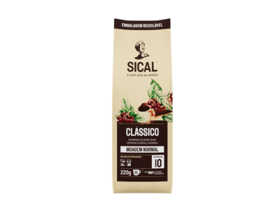 Embalagem reciclável de café SICAL Clássico 220g com imagens de café e texto